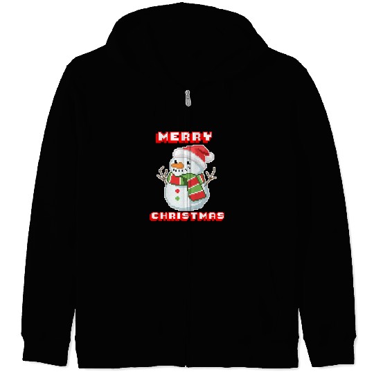 Merry Christmas I Xmas I 8 Bit Pixelated Snowman Zip Hoodies