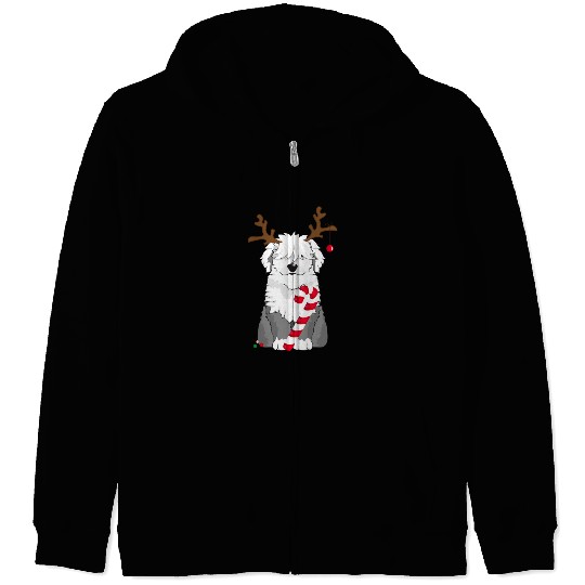 Bobtail dog with candy cane and reindeer antlers Zip Hoodies