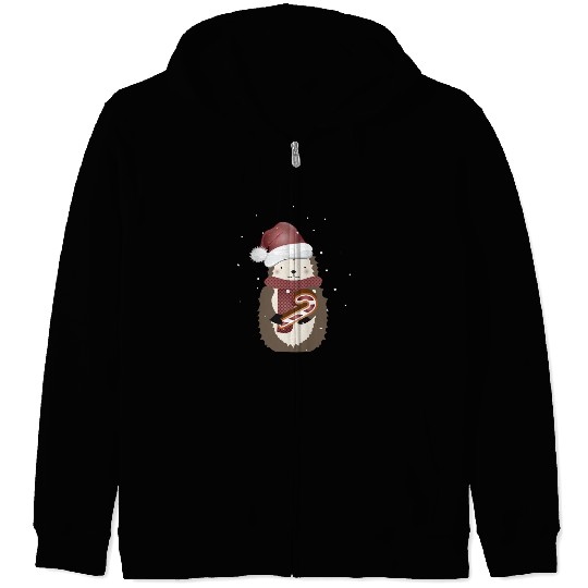cute hedgehog for christmas with candy cane Zip Hoodies