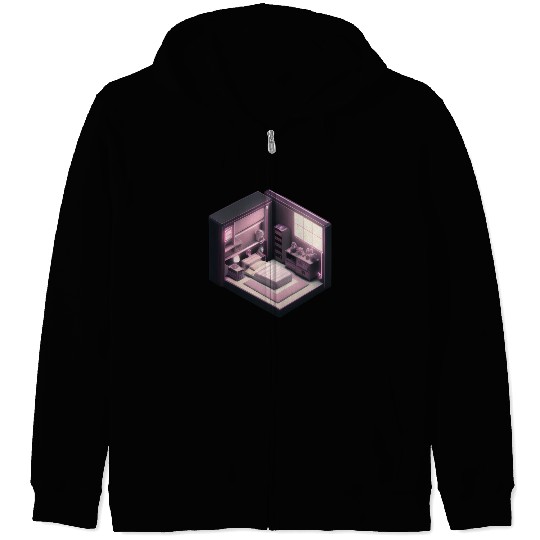 Isometric Voxel Bedroom - Synthwave Future Render Zip Hoodies