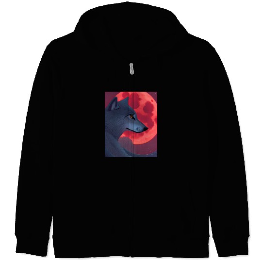 A Grey Wolf Staring at a Blood Moon Zip Hoodies