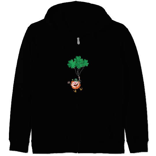 Lerechaun Hanging On Clover Balloons - St Patricks Zip Hoodies