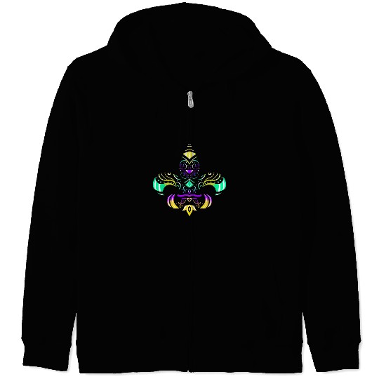 Purple, Green And Golden Patterned Fleur De Lis Zip Hoodies