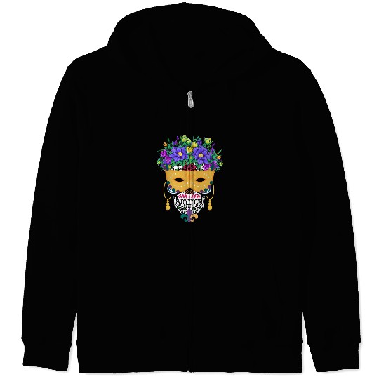 Mardi Gras Mask Dia De Los Muertos Flower Sugar Zip Hoodies