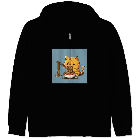 Japanese cat eating spaghetti Zip Hoodies