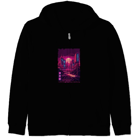 Vaporwave City Night Scene Tokyo Japanese Aestheti Zip Hoodies