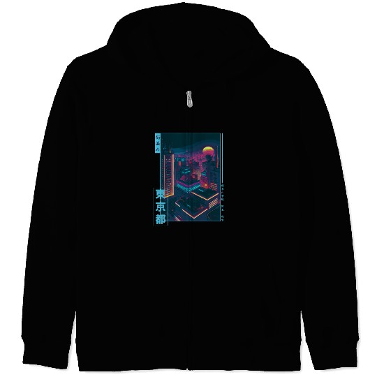 Retro Futurism Japanese Vaporwave City Tokyo Aesth Zip Hoodies