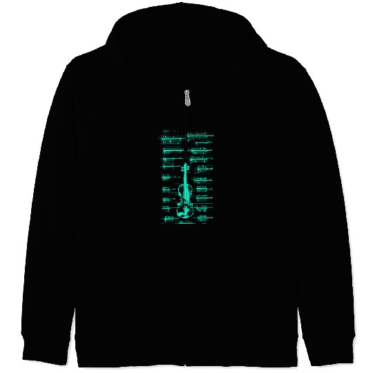 Teal Neon Da Vinci violin blueprint Zip Hoodies