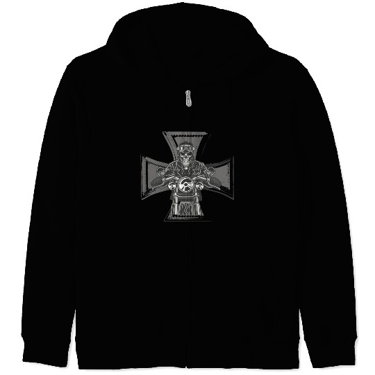 Biker Cross Motorcycle Emblem Skeleton Zip Hoodies