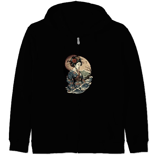Geisha Watercolor Sea Waves Asian Art Woman Zip Hoodies
