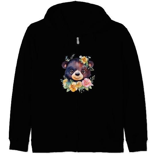 Black and Brown Forest Bear Watercolor Floral Zip Hoodies