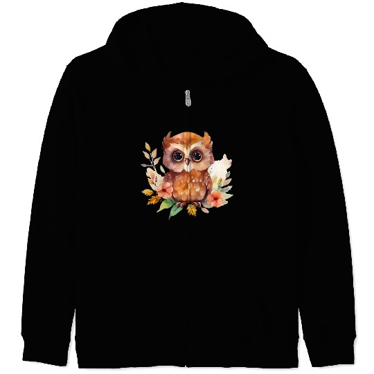 Brown Owl Forest Animal Watercolor Floral Zip Hoodies