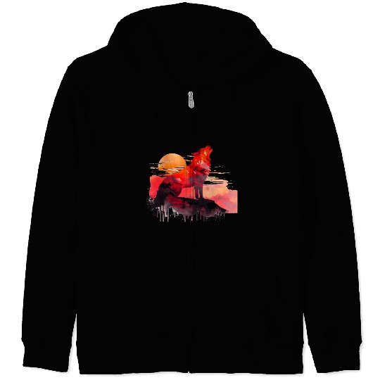 Red Wolf Watercolor Portrait Zip Hoodies