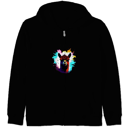 Cute Vintage Ink Splash Alpaca Retro Alpaca Farmer Zip Hoodies