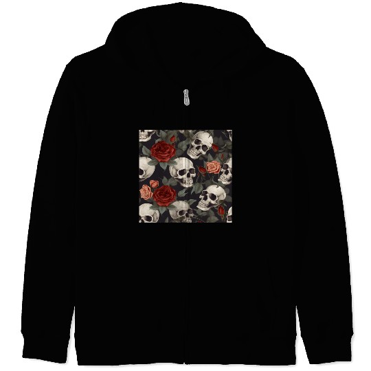 Skulls & Red Roses Pattern Dark Elegant Gothic Zip Hoodies
