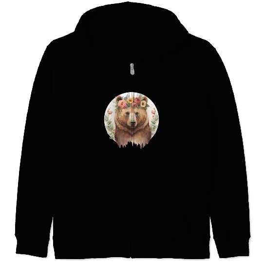Cute Brown Bear Grizzly Flower Crown Animal Lovers Zip Hoodies