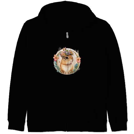 Cute Watercolor Chipmunk Flower Crown Floral Roden Zip Hoodies
