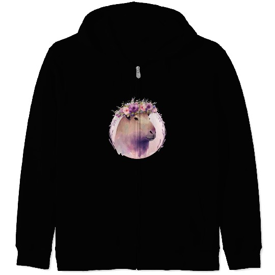 Cute Capybara Rodent Flower Crown Floral Watercolo Zip Hoodies