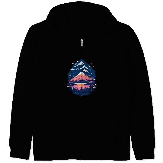 Serene Mount Fuji Sunset Peaceful River Scenery Zip Hoodies