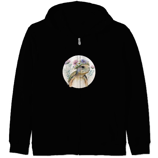 Cute Watercolor Turtle Flower Crown Sea Animal Lov Zip Hoodies
