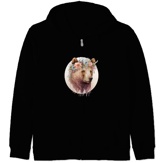 Watercolor Brown Bear Grizzly Flower Crown Wild An Zip Hoodies