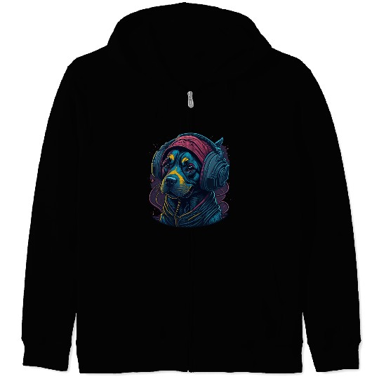 Cute Rottweiler Dog Wearing Headset for Gamer Zip Hoodies