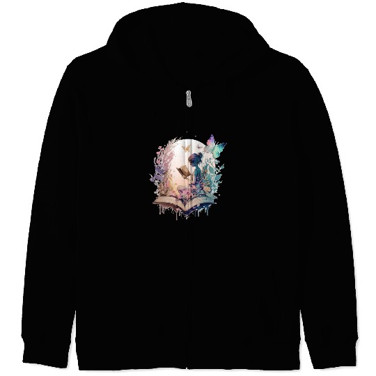 Cottagecore Watercolor Book Fairy Butterfly Librar Zip Hoodies