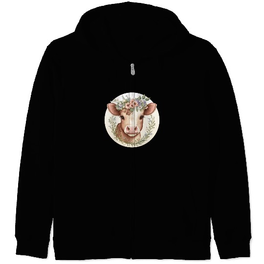 Cottagecore Cute Baby Cow Calf Floral Farm Animal Zip Hoodies
