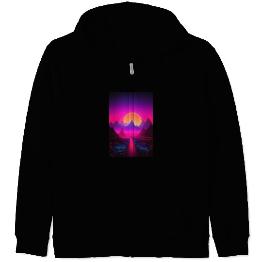 Luminous Peaks: Synthwave Serenity Zip Hoodies