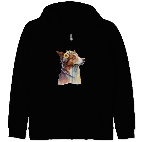 Watercolor Border Collie Sunflower Dog Breed Pet P Zip Hoodies