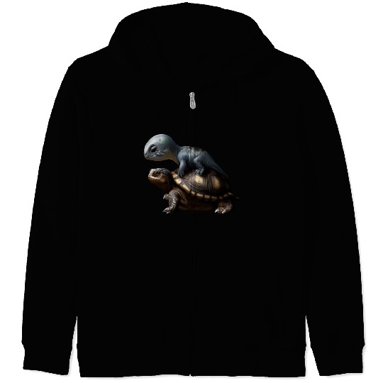 dinosaur on turtle Zip Hoodies