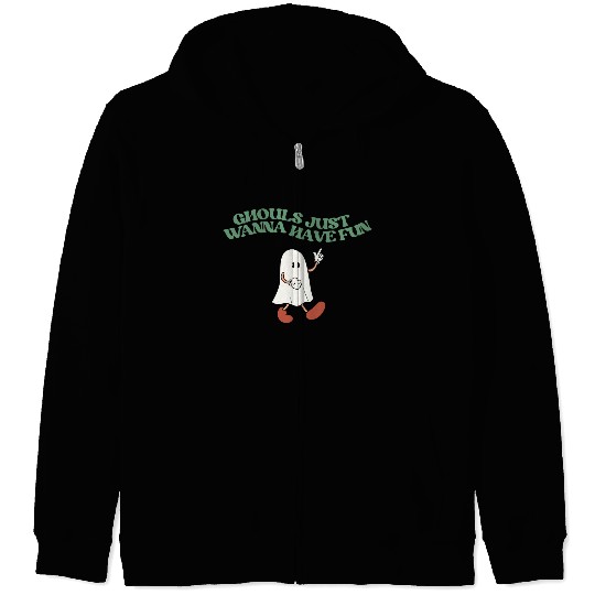 Ghouls Just Wanna Have Fun, Retro Ghost Print Zip Hoodies