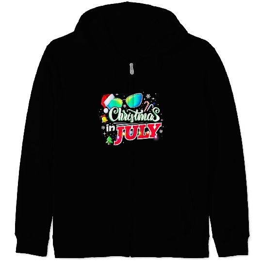 Christmas in July Santa Hat Sunglasses Summer Zip Hoodies