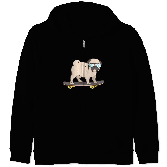 Cartoon Pug With Glasses On A Skateboard Zip Hoodies