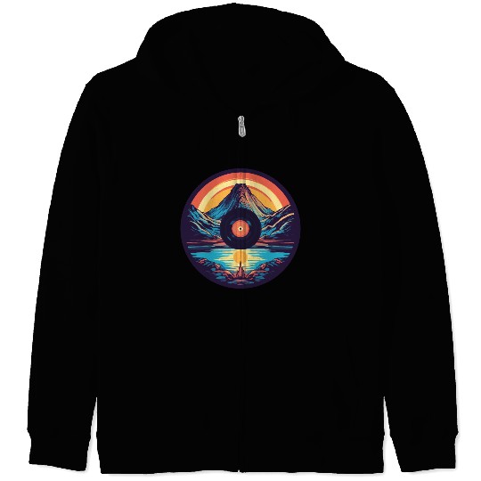 Retro Mountain Landscape: Vinyl Meets Art Zip Hoodies