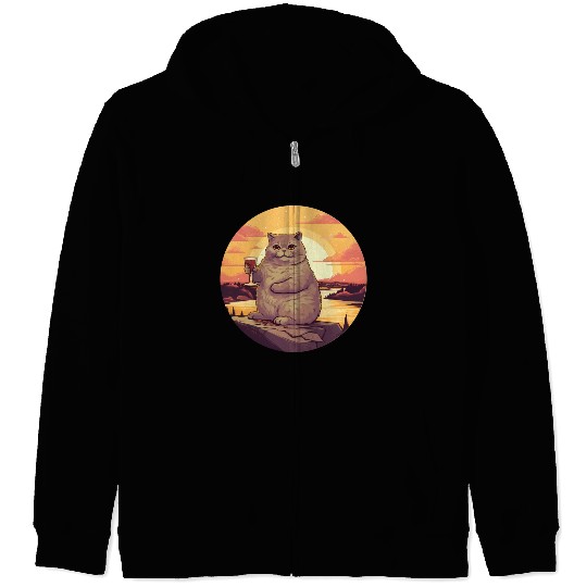 Fat Cat with Red Wine Glass, Humorous Animal Zip Hoodies