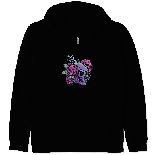 Skeleton Zip Hoodies, Neon Skull Roses Gothic Skeleton