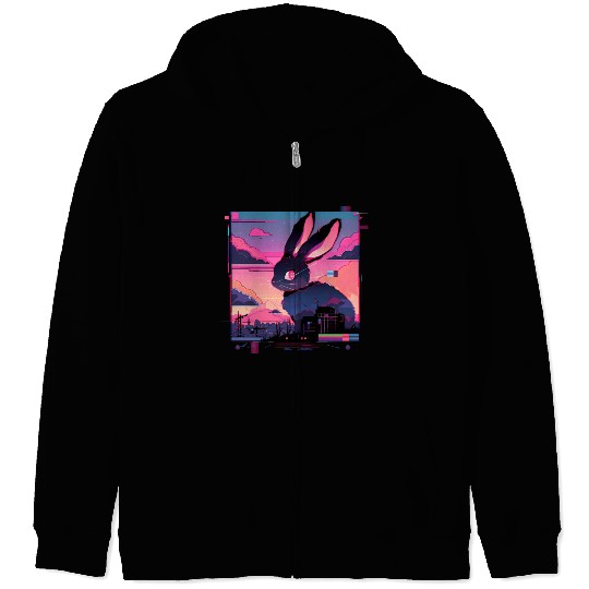 Synthwave Rabbit Cyber Bunny Retro Zip Hoodies