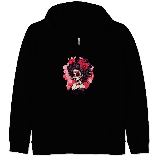 Dia de los muertos woman sugar skull with flowers Zip Hoodies