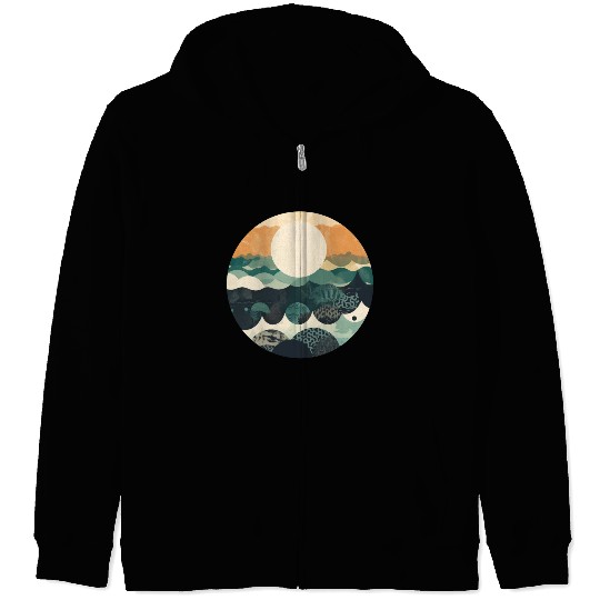 Hokusai Japanese Art Inspired Patterned Ocean Zip Hoodies