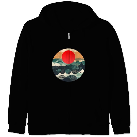 Red sun Japanese Art Inspired Patterned Ocean Zip Hoodies