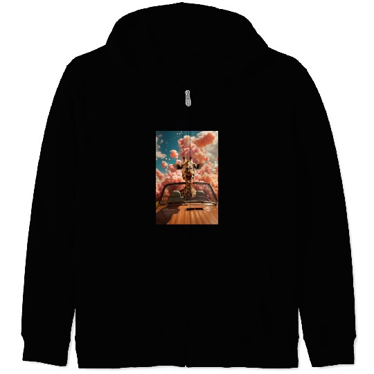 Photograph of a giraffe driving a convertible Zip Hoodies