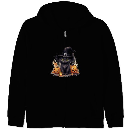 Cat Sticker, Black Cat Witch, Halloween, Zip Hoodies