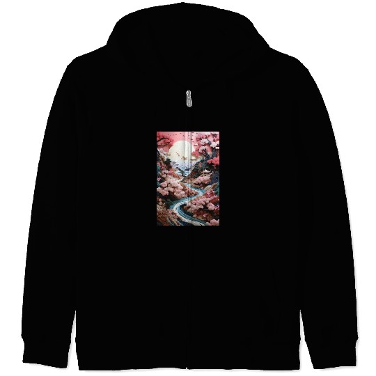 Mosaic Zen Garden River - Cherry Blossom Zip Hoodies