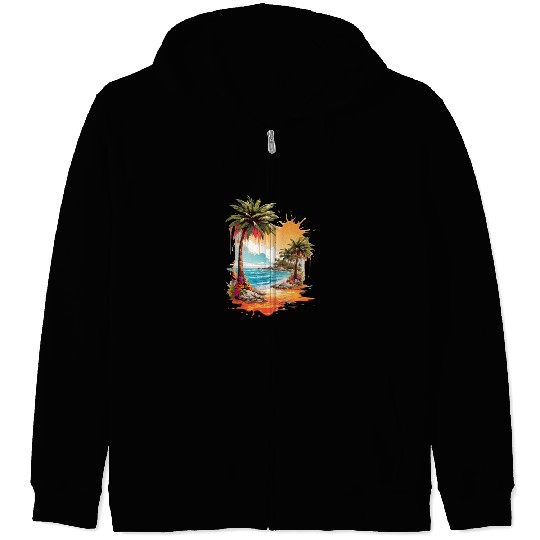 Tropical Tranquility: Beach Splash Art Zip Hoodies