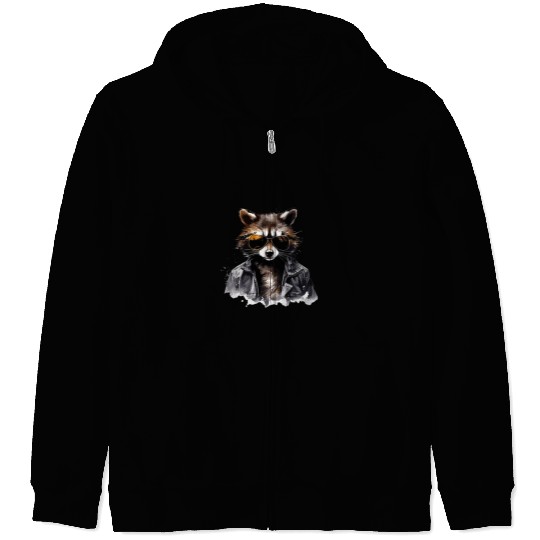 Cool raccoon in black jacket Zip Hoodies