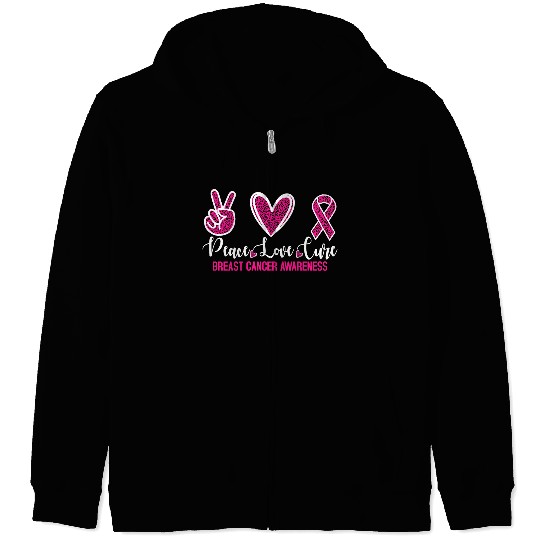 Peace Love Cure Breast Cancer Awareness Zip Hoodies