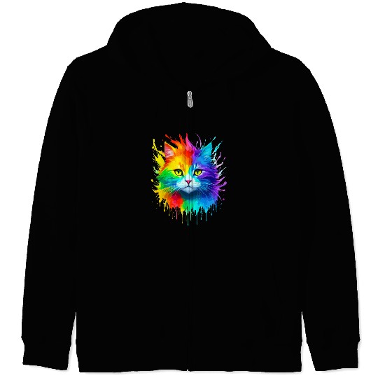 Rainbow Cat Realistic Watercolor Cute Cat Paint Zip Hoodies