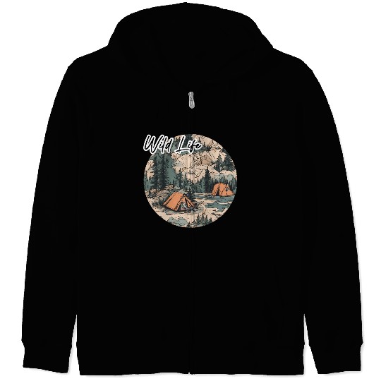 Wild Life / Forest / Camping / Tent / Tree / River Zip Hoodies