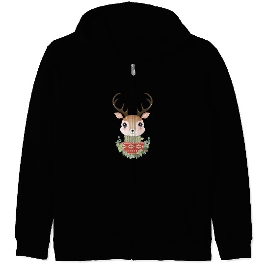 cute deer with sweater and Christmas wreath Zip Hoodies